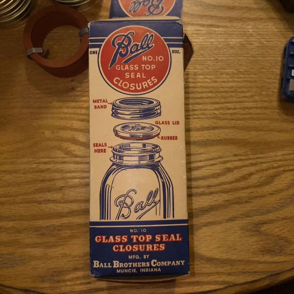 Vintage New Ball No. 10 Glass Top Seal Closures Lids Bands Box 1940s Craft Decor